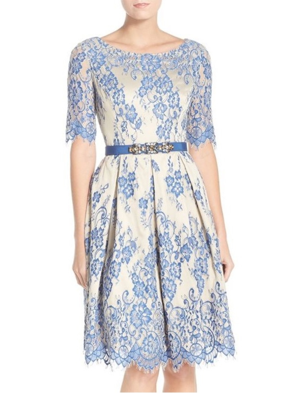 Blue and White Floral Lace Fit-and-Flare Dress
